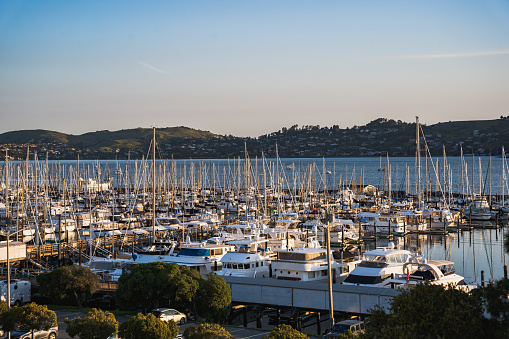 This the view of the Sausalito bay where many boats are parked overnight.
