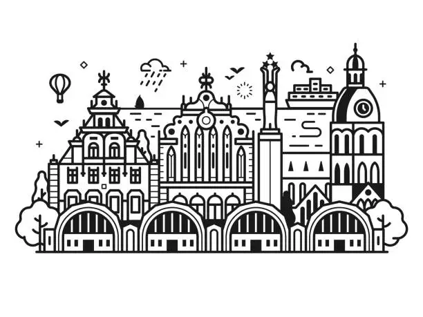 Vector illustration of Riga Old Town City Skyline in Line Art