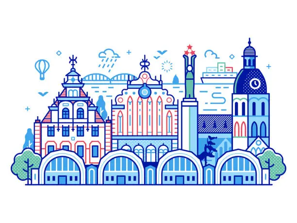 Vector illustration of Riga Old Town City Skyline in Line Art
