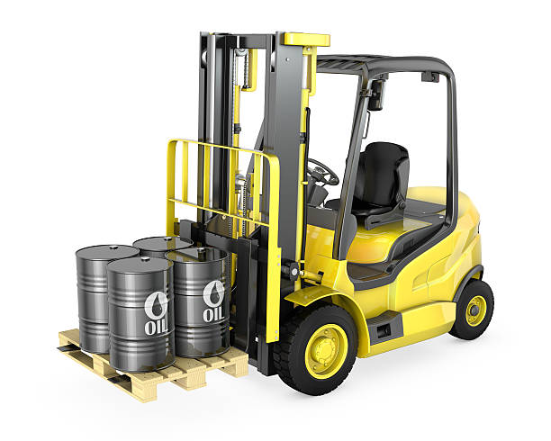 istock Yellow fork lift lifts four oil barrels 149124334