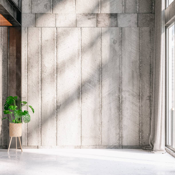 Modern industrial unfurnished living room with high ceilings, industrial windows, and decoration in front of a concrete wall background with copy space stock photo