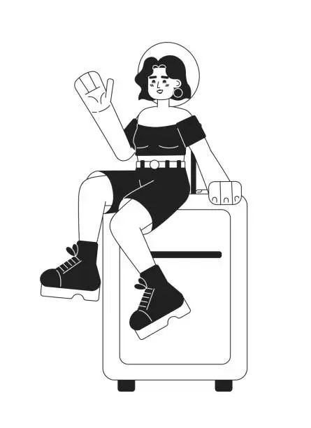 Vector illustration of Woman with suitcase going on summer vacation monochromatic flat vector character