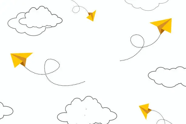 Vector illustration of School notebook background with yellow paper airplanes. 3d flying paper airplane. Vector cartoon children planes in air.
