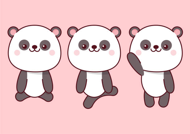 Panda Set of kawaii pandas in different poses on a pink background chinese panda stock illustrations