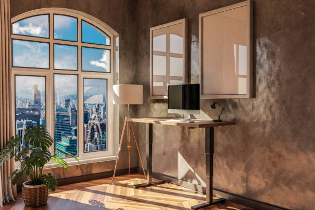 istock modern standing desk pc workplace in daylight downtown skyline office; home decoration desing and home office concept; 3D Illustration 1491249814