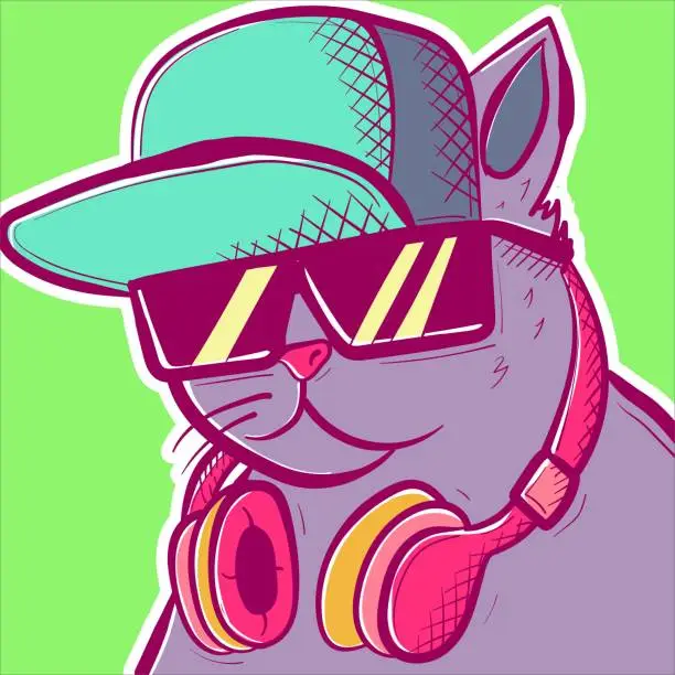 Vector illustration of Hippie cat vector with headphones, sunglasses and a rapper hat. Cool DJ feline head portrait. Fashion kitten wearing audio gadgets