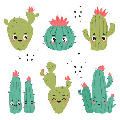 Cute cacti with happy face, cartoon vector collection.