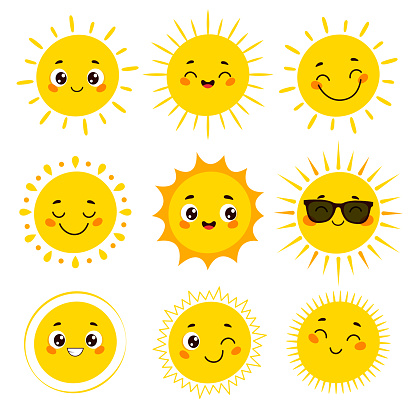 Cute cartoon sun emoji collection. Sunny smiling faces vector set.