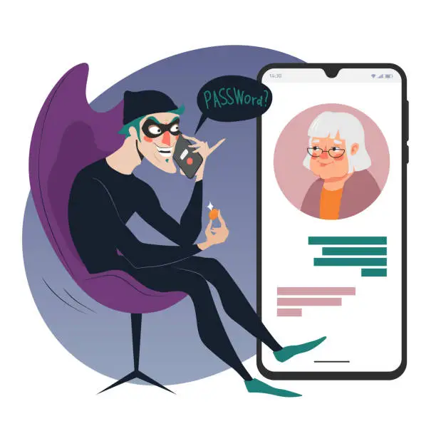 Vector illustration of Phone scam crime concept illustration, online social media fraud. A scammer calls an eldery woman to steal personal data and passwords. Vector flat illustration isolated on white background