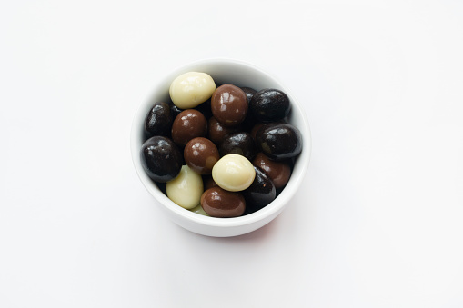 Chocolate Covered Almonds in White porcelain Bow