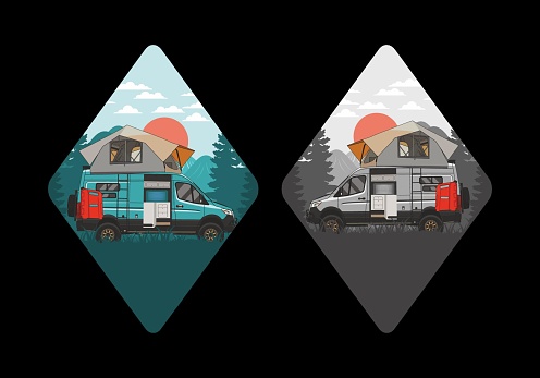 Large camper van with roof tent illustration design