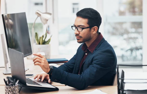 istock Laptop, administration and business man focus on finance spreadsheet, bank software or financial accounting. Bookkeeping account data, office gesture and consultant problem solving payroll system 1491260401