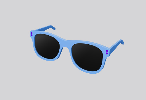 3D illustration blue fashion sunglasses and black lens optic isolated on white background. 3D rendering.