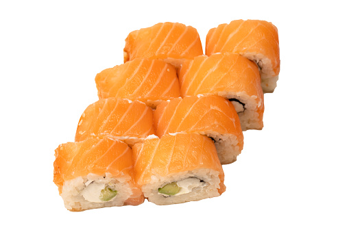 Sushi with cream cheese and salmon isolated on a white background.