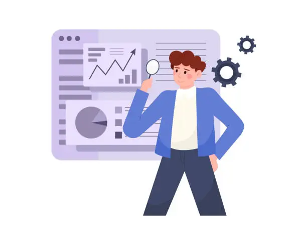 Vector illustration of Man holding magnifying glass and analyzing charts and diagrams