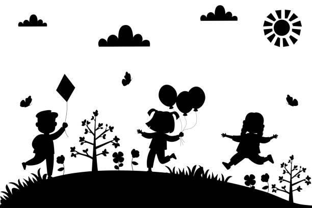 Drawing silhouette of cartoon children. Summer background. Children playing in nature Drawing silhouette of cartoon children. Summer background. Children playing in nature girl silouette forest illustration stock illustrations