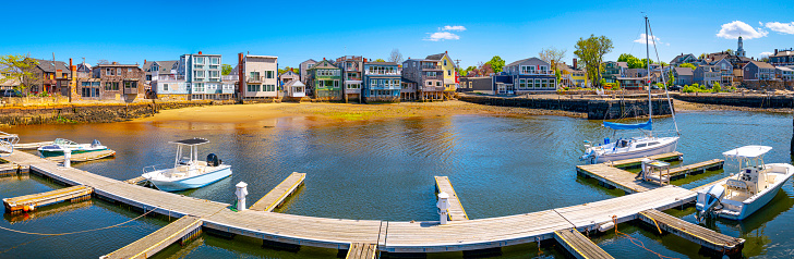 Rockport skyline from the marina dock at White Wharf harbor in Cape Anne, Massachusetts