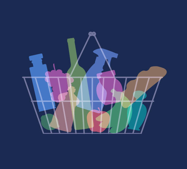Supermarket Groceries Colourful overlapping silhouettes of groceries in shopping basket. Cost of Living Crisis theme. Inflation - Economics, cost, shopping basket, supermarket, Inflation - Economics, Price, economy, affordability, crisis, Budget, Economy, money shortage stock illustrations