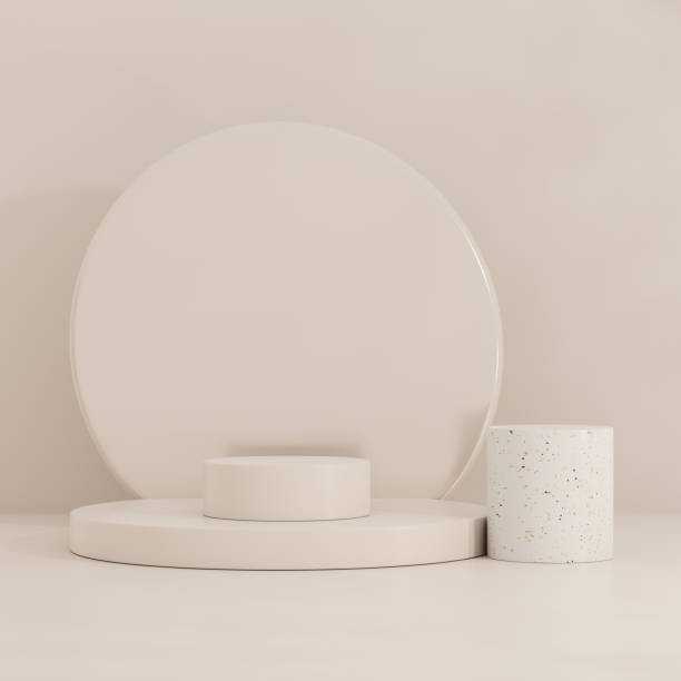 istock Brown and white pastel backdrop wall 3d render image mockup background of terrazzo podium in the circle. 1491271706