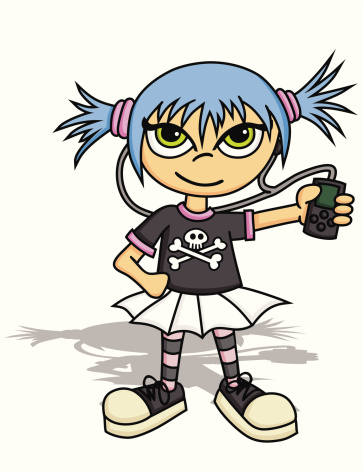 A scene girl with blue hair holding up her MP3 player.