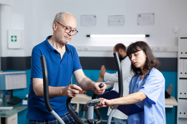 istock Aged patient doing physical workout for injury recovery 1491278914