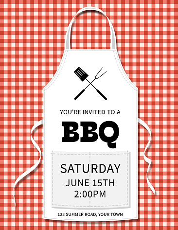 Apron BBQ Invitation Template on a checkered background. The text is on its own layer for easier removal.