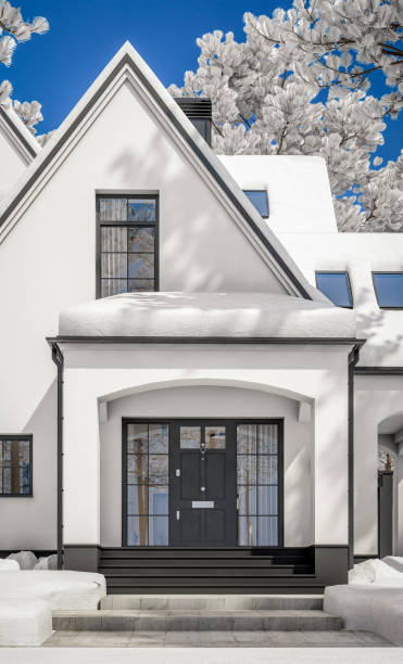 3d rendering of white and black modern tudor house in winter day - house residential structure non urban scene tudor style imagens e fotografias de stock