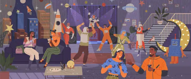 Vector illustration of Animators at birthday in cosmic style. Theme party in costumes. People in costumes have fun at space party