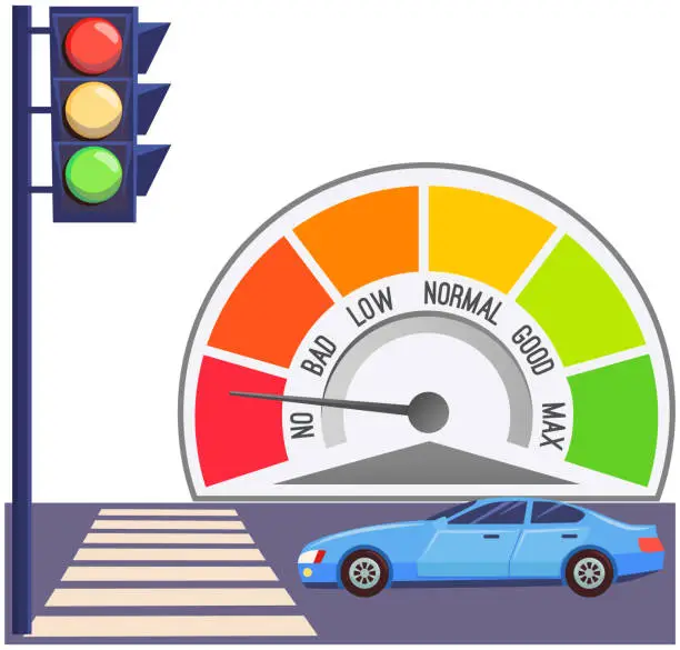 Vector illustration of Driving car. Stop line rule. Blue car stopped at red traffic light signal before pedestrian cross