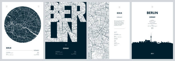 Set of travel posters with Berlin, detailed urban street plan city map, Silhouette city skyline, vector artwork Set of travel posters with Berlin, detailed urban street plan city map, Silhouette city skyline, vector artwork mapa stock illustrations