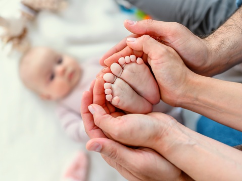 Baby feet in parent's hands. Tiny Newborn Baby's feet in parent's hands.