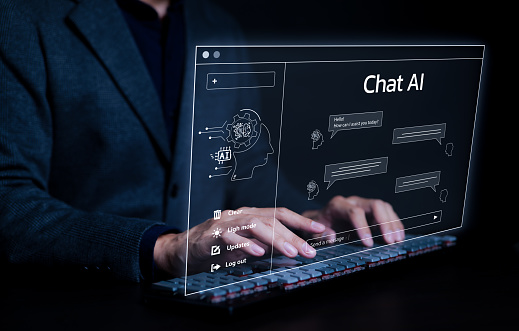 Chat Bot Chat with AI or Artificial Intelligence technology. Man working using a laptop computer chatting with an intelligent artificial intelligence asks for the answers he wants. generative ai,