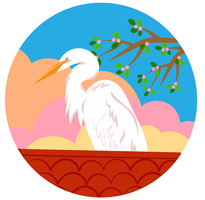 nature vector illustration with stork above a red roof with blooming branch as background and colorful sky