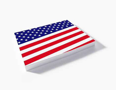 State border of Colorado textured with American flag on white background. Horizontal composition with copy space.