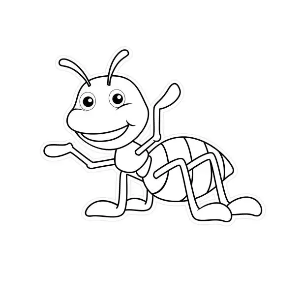 Vector illustration of Vector illustration of Black and White ant smiley face isolated on white background. For Children coloring book. stock illustration