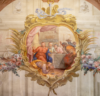 Chiavenna - The fresco ofThe Supper Of Jesus by Simon the Pharisee in the church San Lorenzo by Filippo Fiori e Giovanni Maria Giussani from Como (1759).