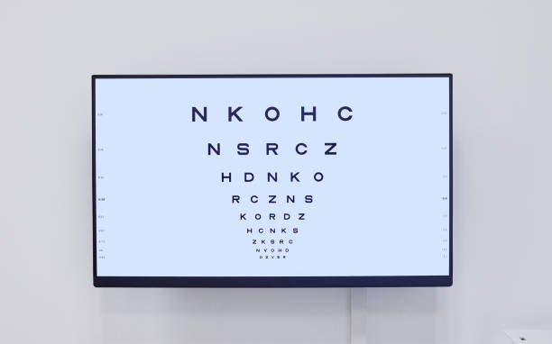 istock Eye chart, television and screen in hospital for optometry examination, vision and wellness. Healthcare, eyecare tv and technology with snellen chart for eyesight test, ophthalmology and eyes health 1491287790