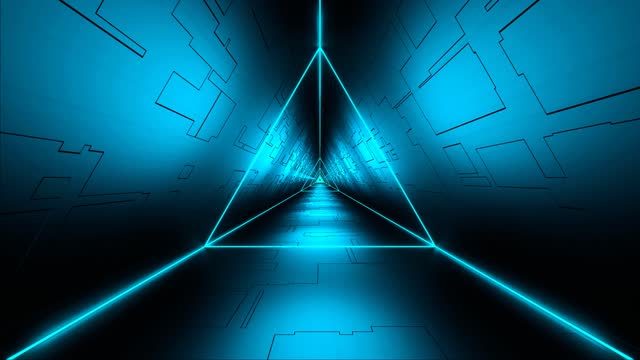 A futuristic corridor with abstract triangles and neon light lines dominates in a looped tunnel