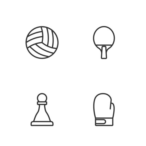 Set line Boxing glove, Chess, Volleyball ball and Racket icon. Vector Set line Boxing glove Chess Volleyball ball and Racket icon. Vector. evolution volleyball stock illustrations