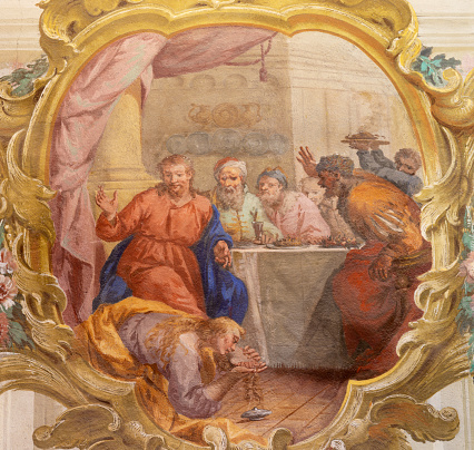 Chiavenna - The fresco of The Supper Of Jesus by Simon the Pharisee in the church San Lorenzo by Filippo Fiori e Giovanni Maria Giussani from Como (1759).