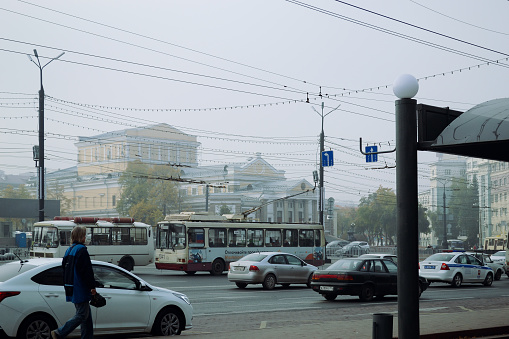 Chelyabinsk Russia - October 1, 2022. Lenin Avenue. Lively car traffic in the city center in the morning