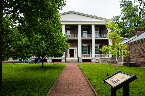 Nashville, Tennessee USA - May 7, 2022: Vintage Hermitage greek revival style home of American President Andrew Jackson located in Davidson County