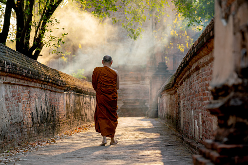 Back of Asian monk walk on the way along with old wall of ancient palace or building with linne beam light.