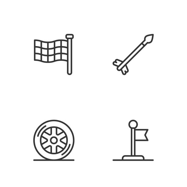 Set line Flag, Car wheel, Checkered flag and Medieval arrows icon. Vector Set line Flag Car wheel Checkered flag and Medieval arrows icon. Vector. perimeter formula stock illustrations