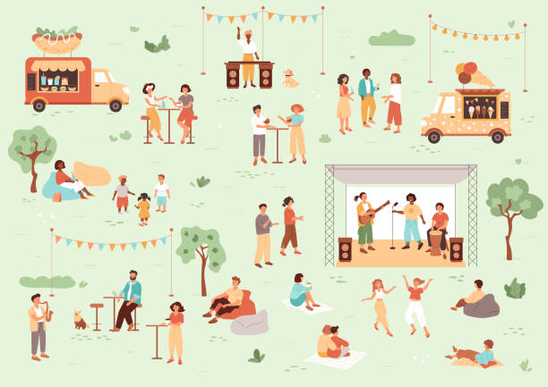 ilustrações, clipart, desenhos animados e ícones de festival da música do verão - music festival park friendship summer