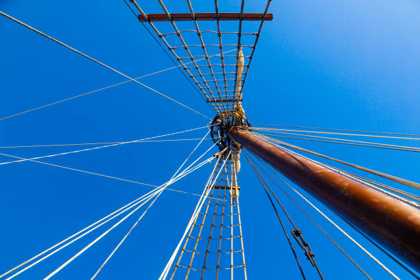 Mast with ropes and ladder on an old wooden ship, bottom view.