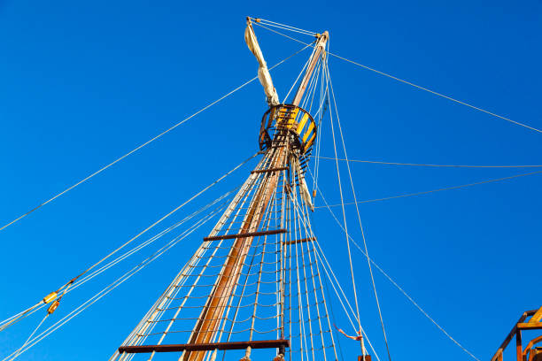 Mast with ropes and ladder on an old wooden ship, bottom view.