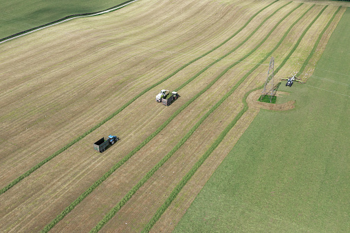 Aerial view of agricultural machinery in a field collecting silage on a spring morning in Scotland