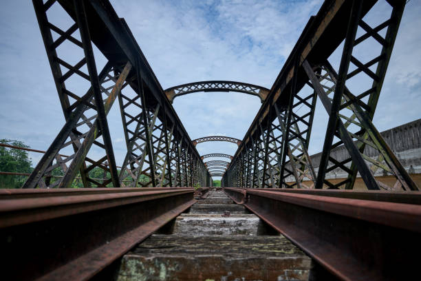 istock Old railway bridge across the river on a sunny spring day. Perspective. Transport system 1491297090