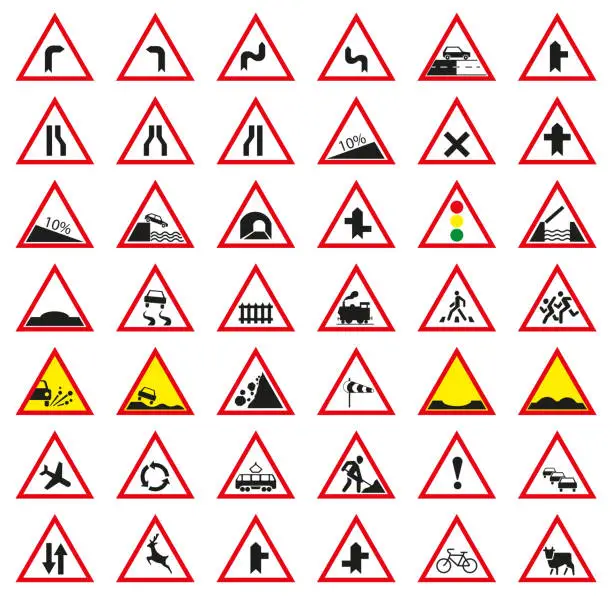 Vector illustration of Collection of car and transport symbols warning about traffic. Vector graphics.